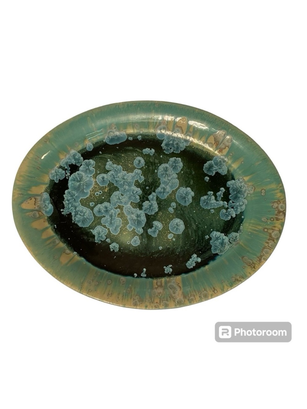 EDGECOMB POTTERS POTTERY LARGE OVAL PLATTER BLUE GREEN CRYSTALLINE USA HOME